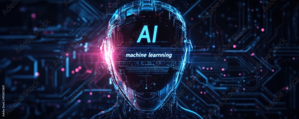 Aufkleber digital illustration of an ai robot head illuminated with neon lights showcasing the concept of mach