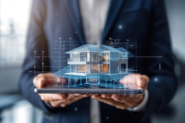 Architect holding digital tablet showing 3d house model