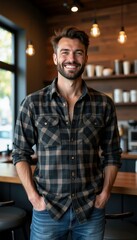 Obraz premium Casual Male Model in a Flannel Shirt, Posing in a Coffee Shop