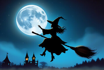 Fototapeta premium witch flying broomstick across full moonlit sky