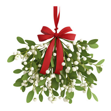 Watercolor mistletoe bouquet with green leaves, red berries, and red ribbon, isolated on white background. Ideal for Christmas decorations and greeting cards.

