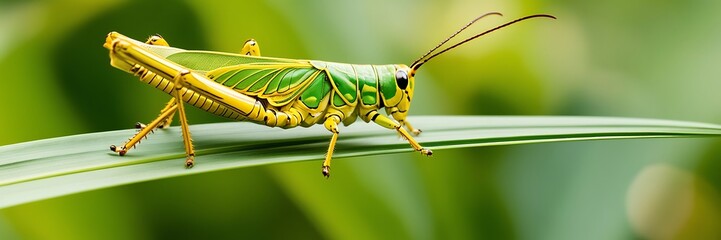 Close-up of bright green and yellow locusts perched on long, slender green leaves. The grasshopper has a detailed, segmented body with prominent antennae and large, dark eyes