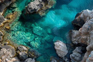 Obraz premium Aerial view of clear turquoise waters revealing rocky formations beneath. This stunning scene captures coastal beauty and tranquility. Perfect for travel and nature themes. Generative AI