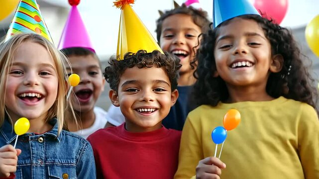A diverse group of kids in party hats joyfully blow colorful noisemakers, their excited faces filling the frame.
