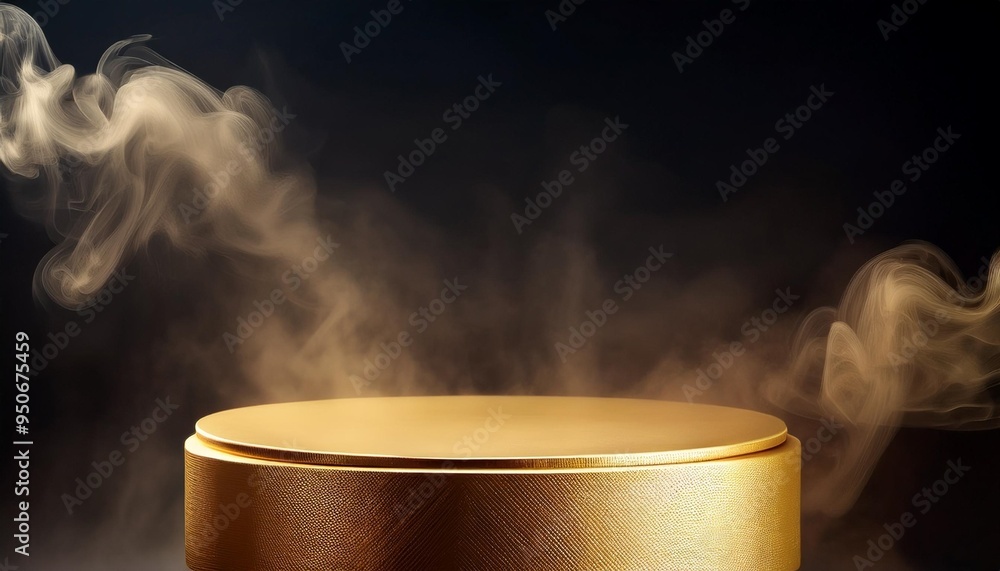 Wall mural gold podium on dark background with smoke