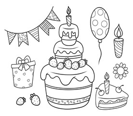 Holiday set. Birthday festive cake with candle and strawberries, piece of sweet dessert with cherry, garland, balloon and gift. Isolated vector outline line drawings, coloring book. Kids collection 