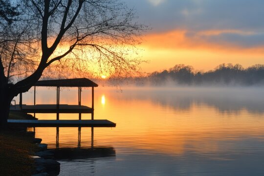 Lake Norman NC. Foggy Sunrise Over the Beautiful Scenic Lake in North Carolina