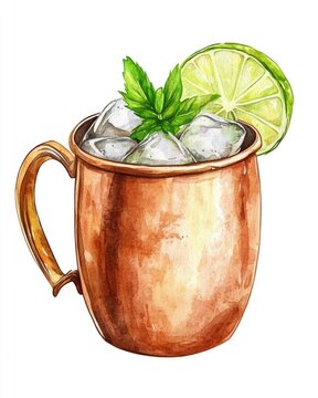 Moscow Mule Drawing. Watercolor Hand Drawn Cocktail Illustration with Ice on White Background