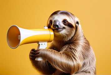 Fototapeta premium happy sloth holding yellow megaphone solid yellow background