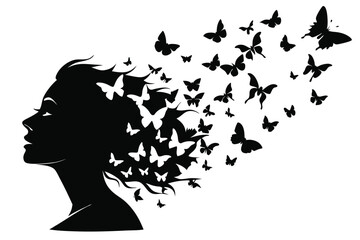 Black woman silhouette with flying butterflies, vector illustration.