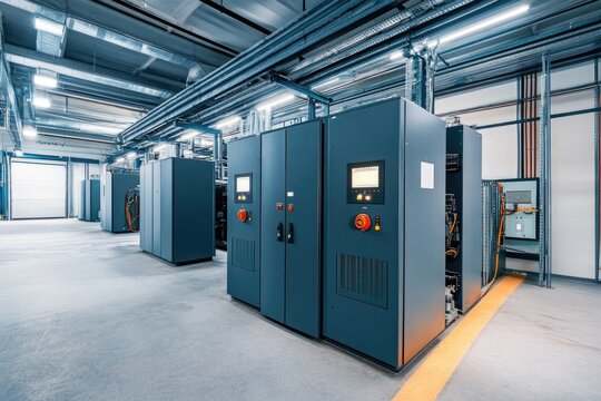 Variable Frequency Drive. Building Architecture with Doors and Streets in City Landscape