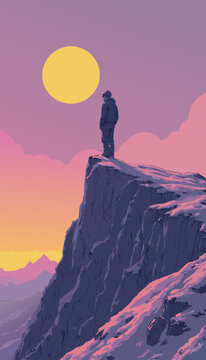 open layer vector of a man standing on top of mountain, sun on the sky, pastel purple color