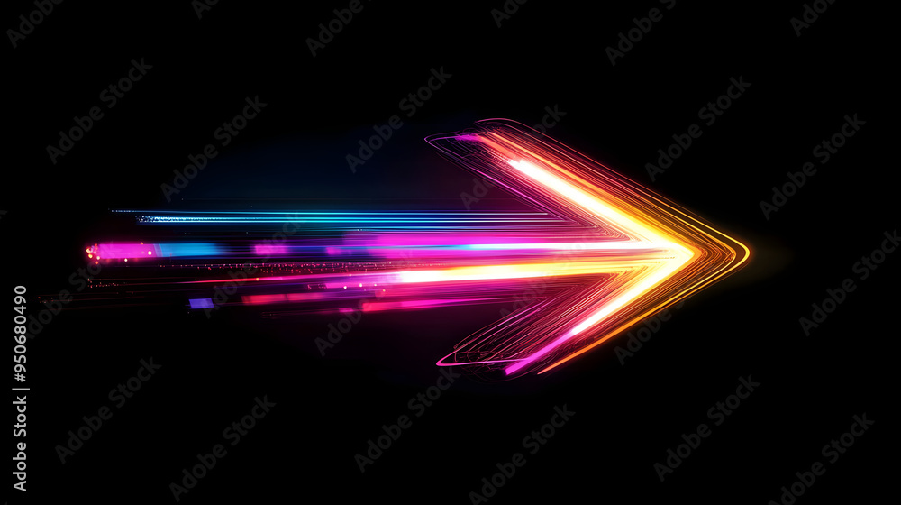 Poster a colorful arrow made of glowing light beams, pointing right at the center on a black background he 