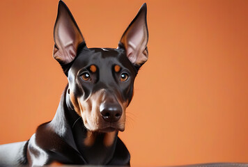 portrait female doberman pinscher sitting solid orange background