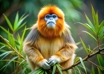 Obraz premium Majestic golden snub-nosed monkey, native to China, perches on a branch, showcasing its vibrant golden fur, wispy beard, and attentive, curious expressions in a bamboo forest.