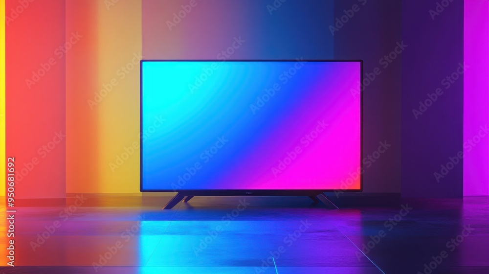 Poster television screen with colorful gradient in a room with neon lights