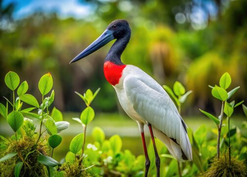 Majestic jabiru stork, with its sleek white feathers and distinctive black neck, stands tall in a lush, vibrant wetland ecosystem, surrounded by tropical foliage.