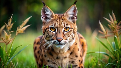 Fototapeta premium Majestic large cat with tawny fur and black-tipped ears, crouches low in a grassy field, muscles tensed, eyes fixed intently on an unseen prey.