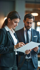 A female executive reviews important documents with a male colleague in a modern office setting. Perfect for corporate presentations, business articles, and marketing materials
