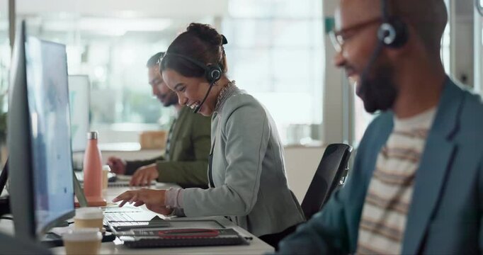 Excited woman, high five and motivation with call center people in customer service for goals or sale bonus. Contact us, winner or success of virtual assistant team in workplace for lead generation