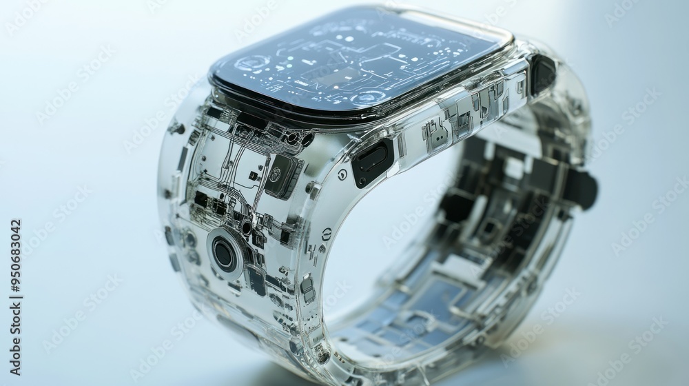 Poster transparent smartwatch with visible internal components
