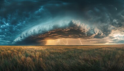 dramatic storm over the Great Plains, with dark clouds and lightning illuminating