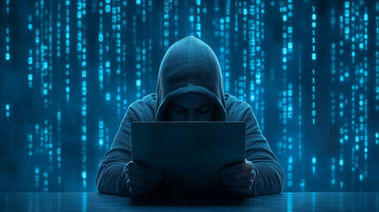 A person in a hoodie analyzes data on a digital screen