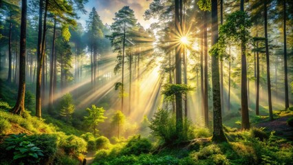 Obraz premium Majestic sunlit forest with dense foliage, towering trees, and sparkling mist, capturing the serenity and majesty of the natural world in high-definition detail.