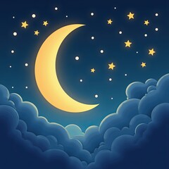 Fototapeta premium A serene night sky illustration with a glowing crescent moon and twinkling stars above fluffy clouds.