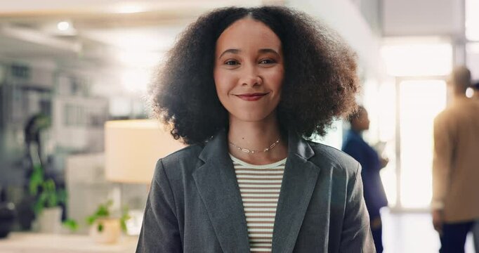 Afro, face and design with business woman in corporate office for career growth or mission. About us, portrait and smile with happy African employee in professional workplace for company internship