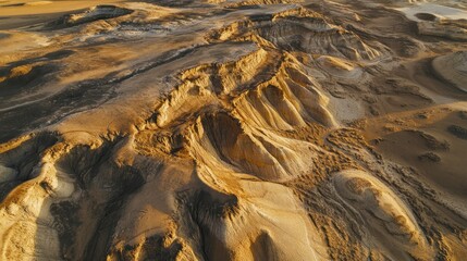 Aerial View of Eroded Desert Landscape with Golden Hues