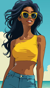 open layer vector of a hot dreadlocks Jamaican brunette girl with a yellow crop top, a pink background