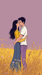 open layer vector of lovely couple on the garden, pastel purple and yellow