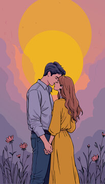 open layer vector of lovely couple on the garden, pastel purple and yellow