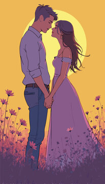 open layer vector of lovely couple on the garden, pastel purple and yellow
