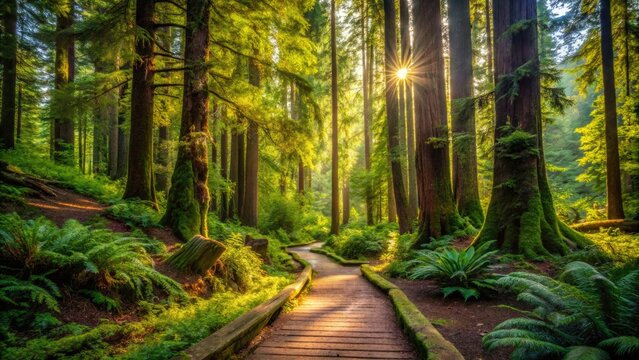 Serene forest trail meanders through towering trees and lush greenery, inviting hikers to relax and connect with nature's beauty.