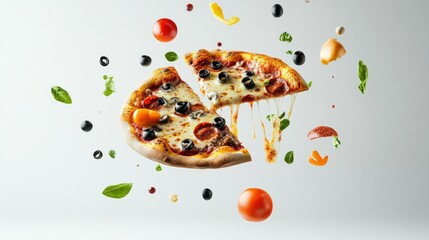 A Pizza Slice in Mid-Air With Toppings Falling Around It
