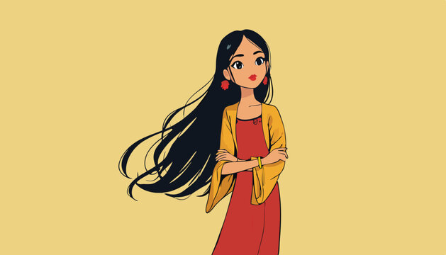 open layer vector persian girl with traditional red and yellow dress black hair