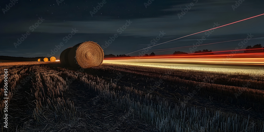 Wall mural car light trails on road next to a hay bale field in the night