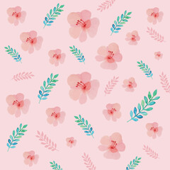 Vector Watercolor flowers with Green Leaf pattern