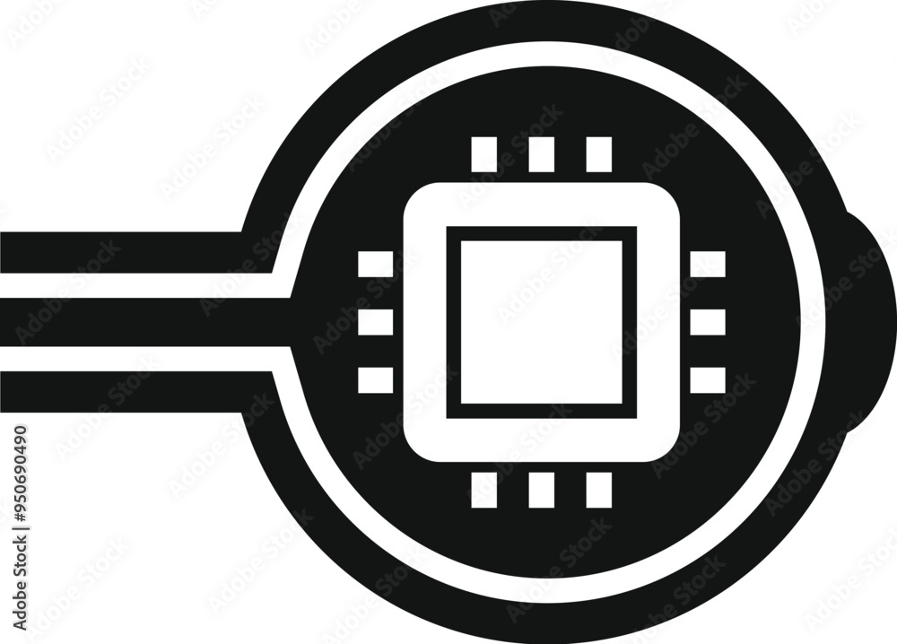 Poster electronic eye with microchip is scanning and processing data, concept of cyber technology and artif