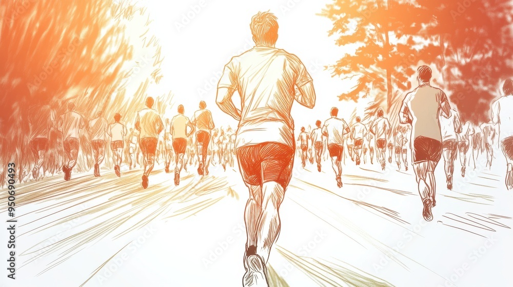 Poster dynamic sketch of a marathon with athletes running through a scenic path, capturing energy and movem