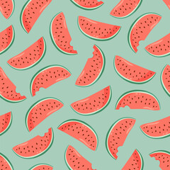 Juicy watermelon slices seamless pattern. Summer fruit flat vector illustration. Tropical fruit background for baby fabric, kids textile, packaging, wrapping, scrapbook, wallpaper.