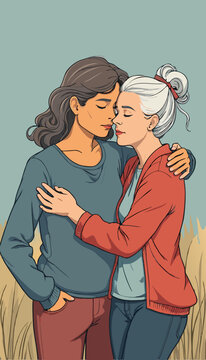 open layer vector of lovely couple on the garden, pastel blue  and red