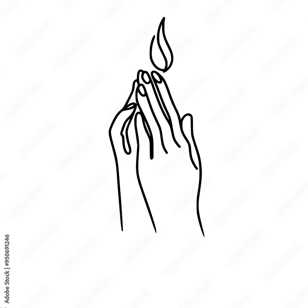 Poster simple contour one line vector drawing of two clasped hands with a flame above them, symbolizes warm