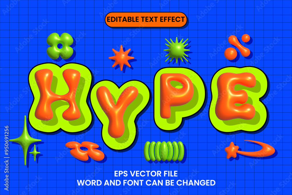 Poster hype y2kcolorful pop retro inflated text effect. retro y2k text style