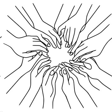 many hands connected in the center on a white background, symbolizing trust, unity and cooperation, single line vector drawing.
