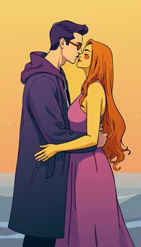 open layer vector of lovely couple on the garden, pastel purple and yellow