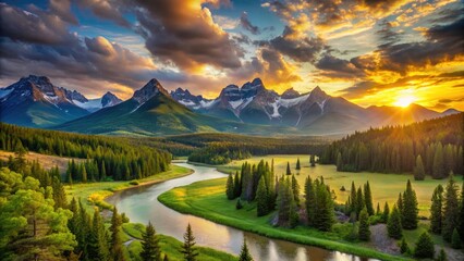 Serene panoramic vista of majestic mountain range at sunset, with lush green valley and meandering river, surrounded by towering trees under a vibrant sky.