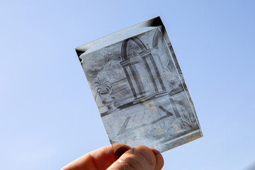 Negative black and white photographic film with an image for printing photographs. Scanning...